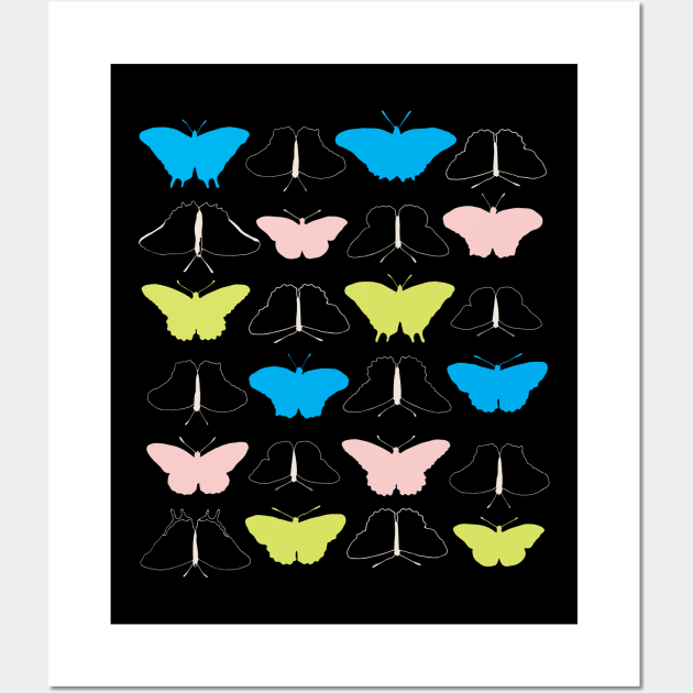 Collection of colorful neon pastel butterflies on black Wall Art by agus.cami